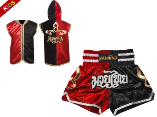 Personalized Boxing Hoodies and Muay Thai Shorts for Kids : 143-Red-Black