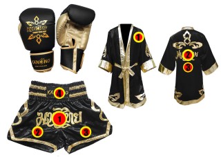 Boxing set - Boxing Gloves + Custom Muay Thai Shorts + Custom Boxing Robe : Black Lai Thai