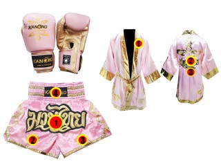 Boxing set - Boxing Gloves + Custom Muay Thai Shorts + Custom Boxing Robe : Pink Lai Thai