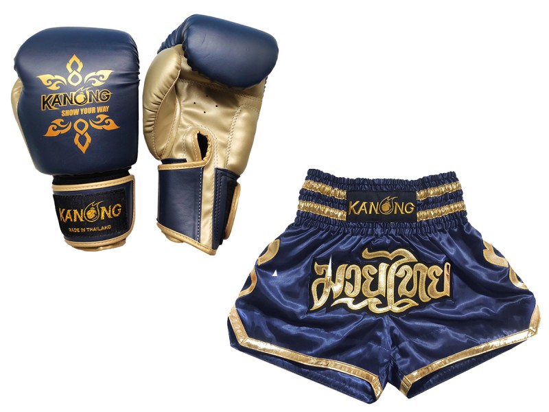 Muay Thai Bundle - Custom Muay Thai Boxing Robe + Muay Thai Shorts :  Set-134-Robe-Navy