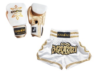 Bundle - Boxing Gloves and Customize Muay Thai Shorts : Set-121-White