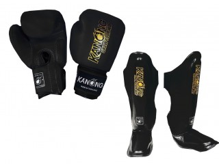 Kanong Boxing Gloves and matching Shin Pads : Black