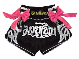 Kanong Ribbon Muay Thai Shorts : KNS-127-Black