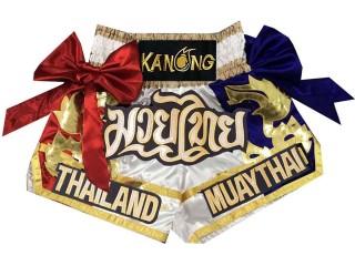 Kanong Ribbon Muay Thai boxing Shorts : KNS-128-White