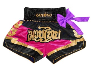 Kanong Ribbon Muay Thai boxing Shorts : KNS-130-Black-Pink
