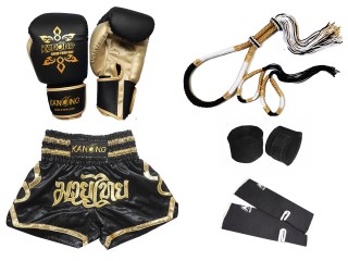 Boxing Gloves and Muay Thai Shorts Set with Full Gear : Set-121-Black