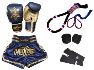 Boxing Gloves and Muay Thai Shorts Set with Full Gear : Set-121-Navy
