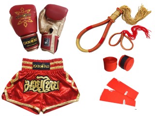 Boxing Gloves and Muay Thai Shorts Set with Full Gear : Set-121-Red
