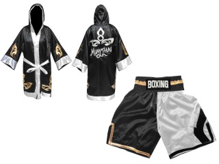 Custom Boxing Robe and Boxing Shorts : KNCUSET-105-Black-White