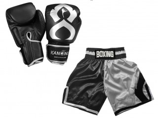 Bundle - Boxing Gloves and Customize Boxing Shorts : KNCUSET-202-Black-Silver