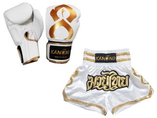 Bundle - Boxing Gloves and Customize Muay Thai Shorts :Set-121-Thaikick-White