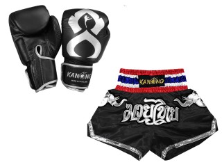 Bundle - Boxing Gloves and Customize Muay Thai Shorts : Set-125-Black Elephant 