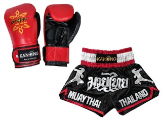 Bundle - Boxing Gloves and Customize Muay Thai Shorts : Set-133-Black  
