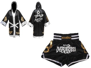 Personalized Kanong Boxing Robe with hood and Muay Thai Shorts : Set-143-Black