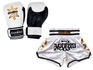Bundle - Boxing Gloves and Customize Muay Thai Shorts : Set-143-White