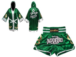 Personalized Kanong Boxing Robe with hood and Muay Thai Shorts : Set-143-Green