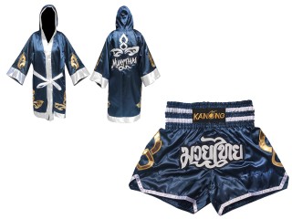 Personalized Kanong Boxing Robe with hood and Muay Thai Shorts : Set-143-Navy
