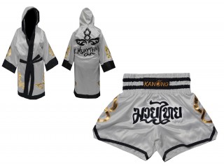 Personalized Kanong Boxing Robe with hood and Muay Thai Shorts : Set-143-Silver