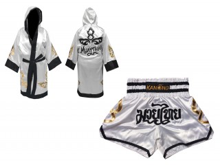 Personalized Kanong Boxing Robe with hood and Muay Thai Shorts : Set-143-White