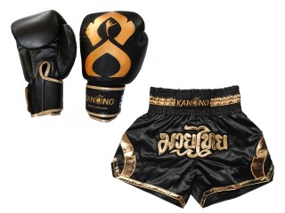 Bundle - Boxing Gloves and Customize Muay Thai Shorts : Set-144-Black-Gold