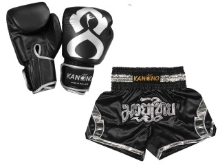 Bundle - Boxing Gloves and Customize Muay Thai Shorts : Set-144-Gloves-Black-Silver