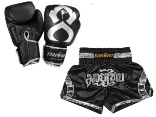 Bundle - Boxing Gloves and Customize Muay Thai Shorts : Set-144-Black-Silver
