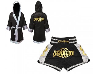 Personalized Boxing Robe with hood and Muay Thai Shorts : Set-141-Black