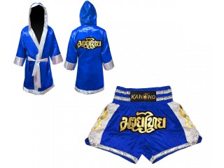 Personalized Kanong Boxing Robe with hood and Muay Thai Shorts : Set-141-Blue