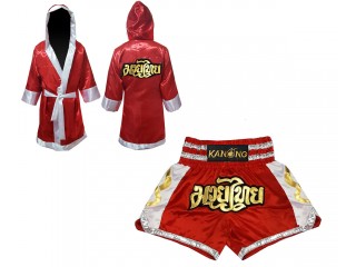 Personalized Kanong Boxing Robe with hood and Muay Thai Shorts : Set-141-Red