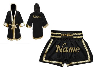 Personalized Kanong Boxing Fight Robe and Muay Thai Shorts : Set-140-Black-Gold