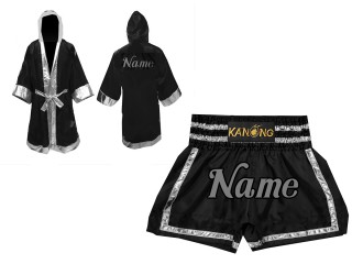 Personalized Kanong Boxing Fight Robe and Muay Thai Shorts : Set-140-Black-Silver