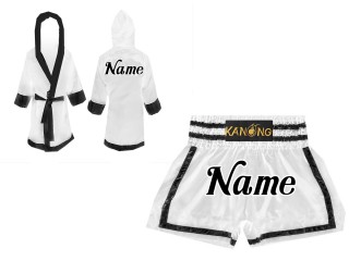 Personalized Kanong Boxing Robe with hood and Muay Thai Shorts : Set-140-White-Black