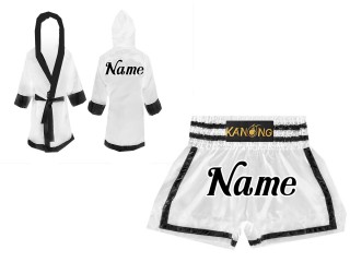 Personalized Boxing Robe with hood and Muay Thai Shorts : Set-140-White-Black