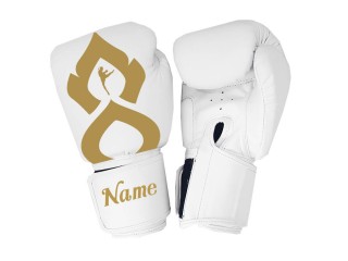 Personalised White/Gold Thai Tattoo Boxing Gloves : KNGCUST-067