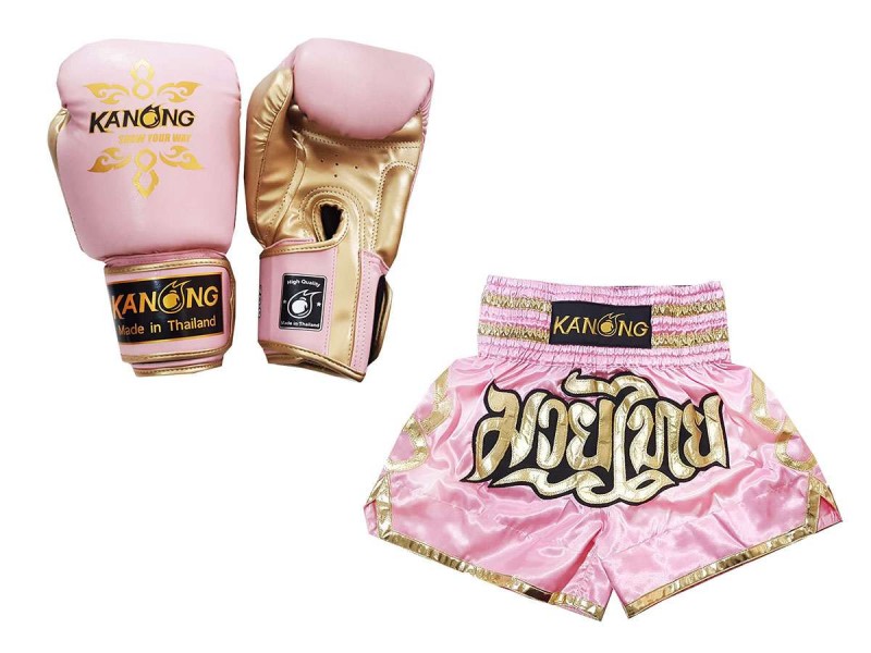 Bundle - Boxing Gloves and Customize Muay Thai Shorts : Set-121-Pink