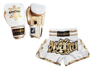 Bundle - Boxing Gloves and Customize Muay Thai Shorts : Set-121-White