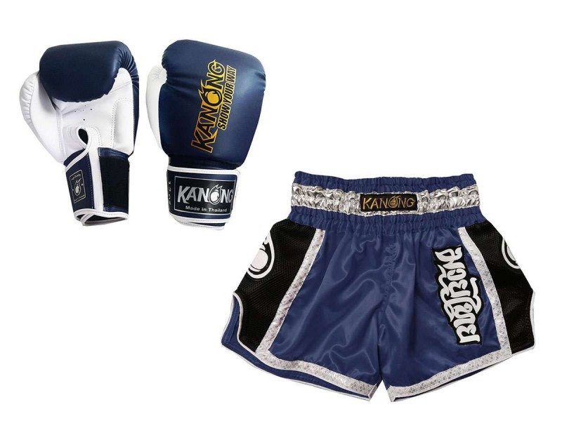 Bundle - Boxing Gloves and Customize Muay Thai Shorts : Set-208-Navy