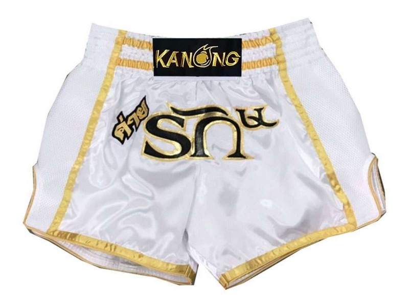 Personalise white Muay Thai Kick Boxing Shorts : KNSCUST-1092