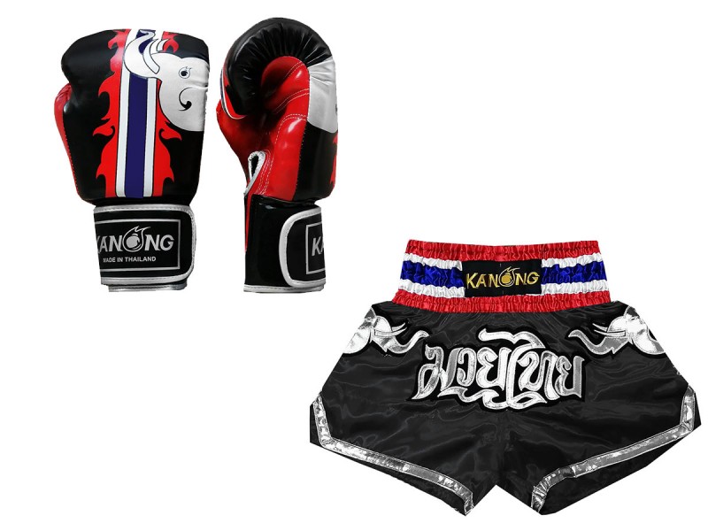 Bundle - Boxing Gloves and Customize Muay Thai Shortss : Set-125-Black