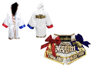 Personalize Kanong Boxing Fight Robe and Muay Thai Shorts : 128-White