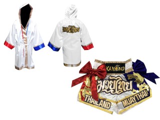 Personalized Muay Thai outfit - Boxing Robe and Muay Thai Shorts : 128-White