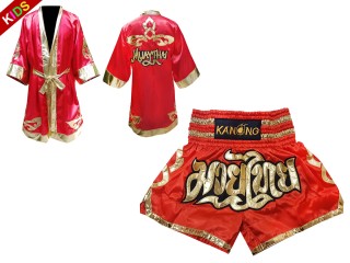 Kanong Boxing Fight Robe and Muay Thai Shorts for Kids : Model 121-Red